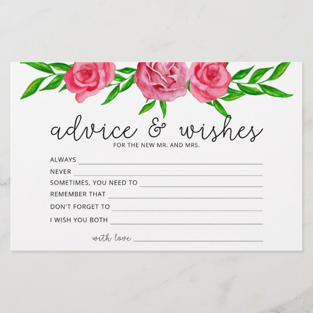 Roses advice and wishes bridal shower stationery (Front)