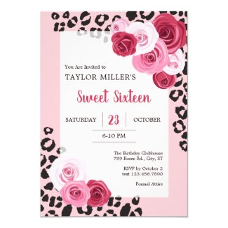 Roses and Animal Print Sweet Sixteen Birthday Invitation