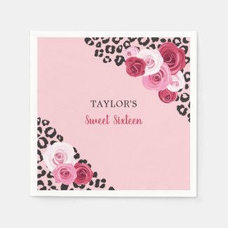 Roses and Animal Print Sweet Sixteen Birthday Napkin