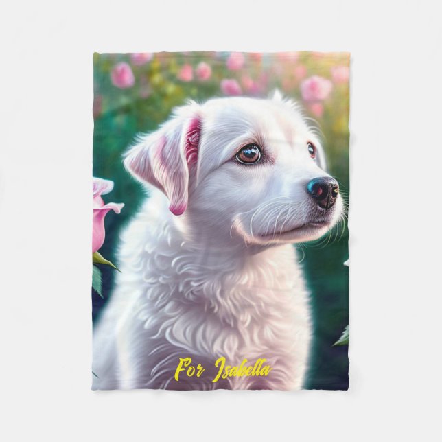 Roses And Beautiful Dog Collection Fleece Blanket (Front)