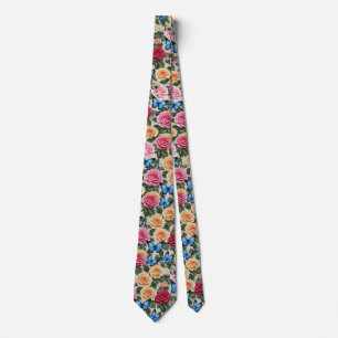 Roses and Blue Butterflies Neck Tie