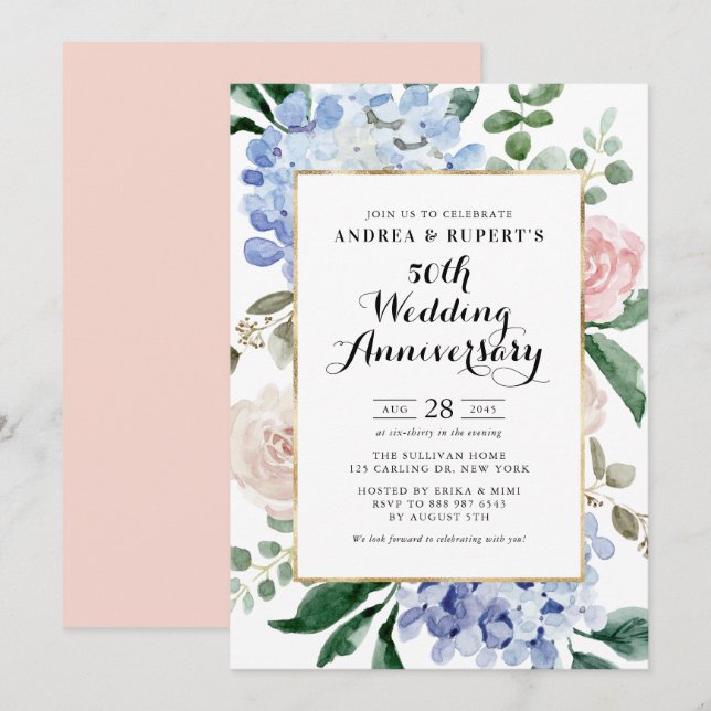 Roses and Blue Hydrangeas 50th Wedding Anniversary Invitation (Front/Back)
