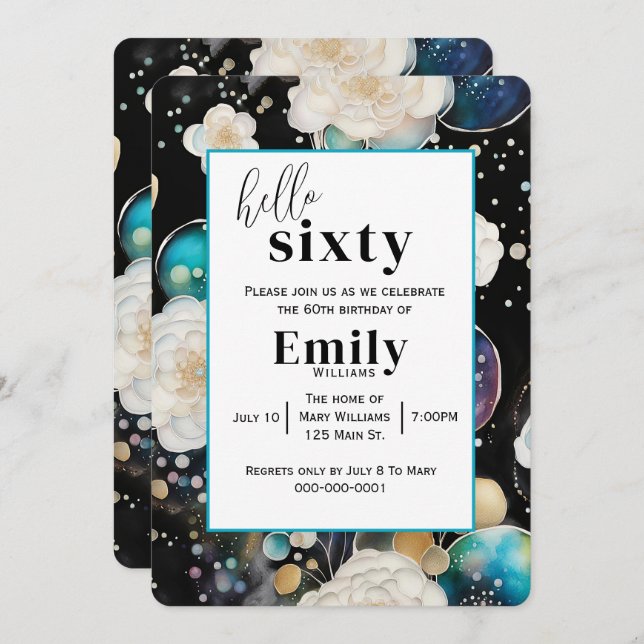 Roses and Bubbles Abstract 60th Birthday Party Invitation (Front/Back)
