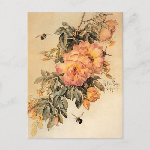 Roses and Bumblebees by Paul de Longpr Postcard
