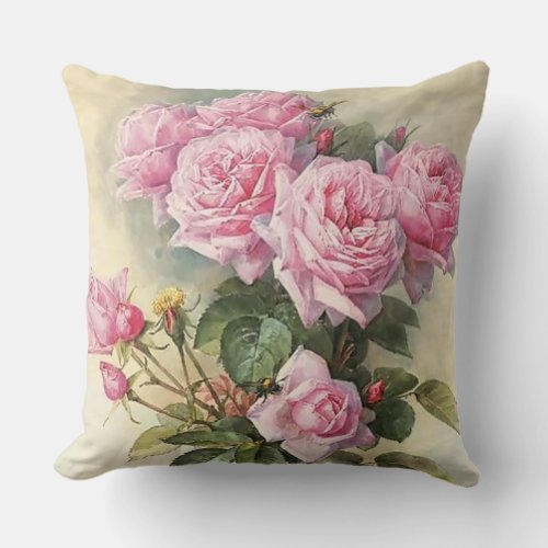 Roses and Bumblebees by Paul de Longpre Throw Pillow
