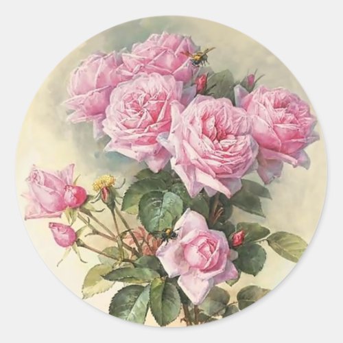 Roses and Bumblebees Paul de Longpre Fine Art Classic Round Sticker