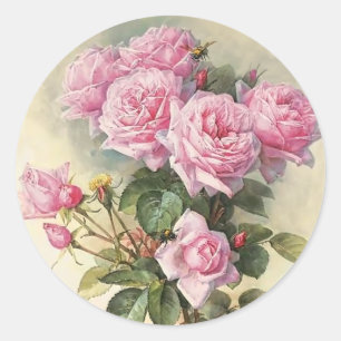 Roses and Bumblebees Paul de Longpre Fine Art Classic Round Sticker