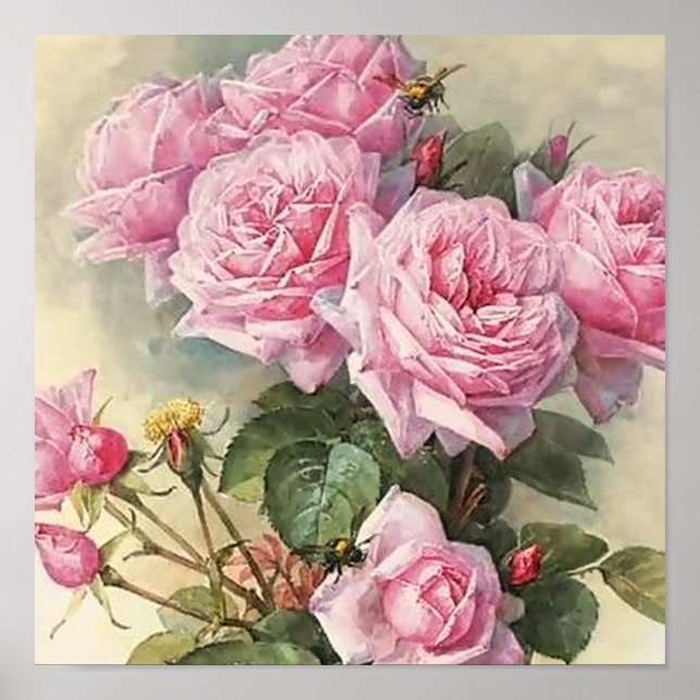 Roses and Bumblebees Paul de Longpre Fine Art Poster (Front)