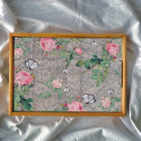 Roses And Butterflies On Damask Wood Decoupage
