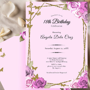Roses and Butterflies Pink 18th Debut Birthday Invitation