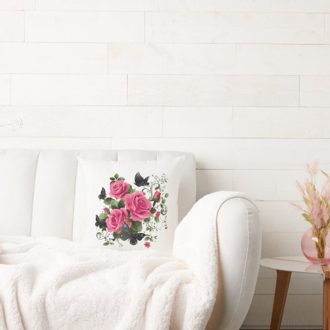 Roses and Butterflies Throw Pillow (Couch)