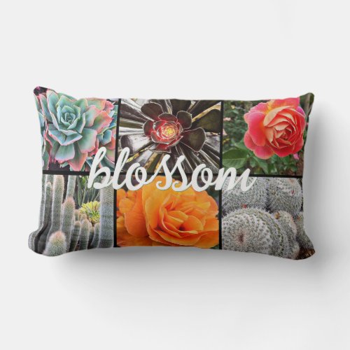 Roses and Cacti Photo Collage Blossom Script Bold  Lumbar Pillow