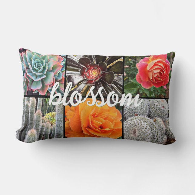 Roses and Cacti Photo Collage Blossom Script Bold  Lumbar Pillow (Front)