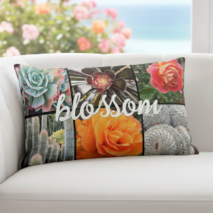 Roses and Cacti Photo Collage Blossom Script Bold Lumbar Pillow