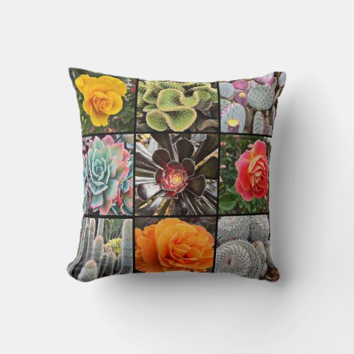 Roses and cacti photo collage colorful modern bold throw pillow