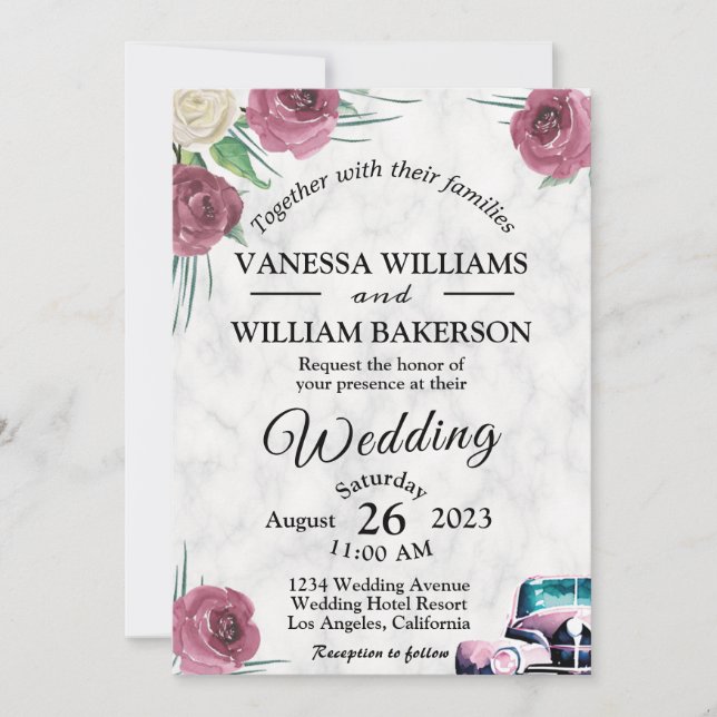 Roses and classic car wedding invitation (Front)