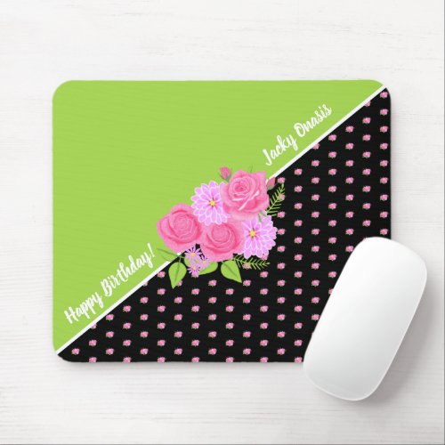 Roses and Dahlias Black  Lime Green Mouse Pad