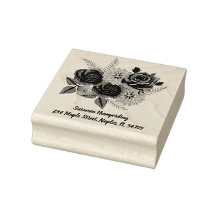 Roses and Dahlias Wooden Stamp With Address