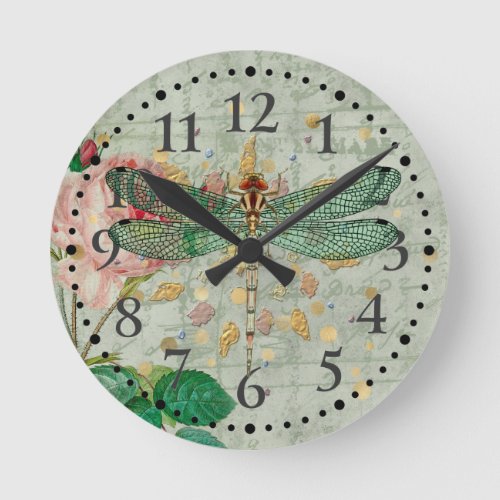 Roses and Dragonfly Round Clock