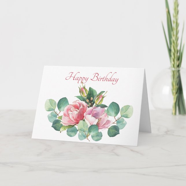 Roses and Eucalyptus Watercolor Birthday Card (Front)