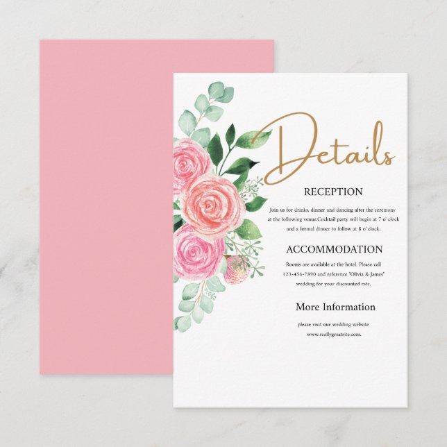 Roses and Eucalyptus Wedding Details Card  (Front/Back)