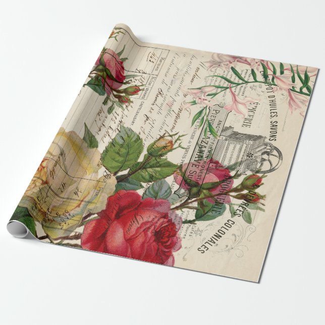 Roses and Floral Ephemera Wrapping Paper (Unrolled)
