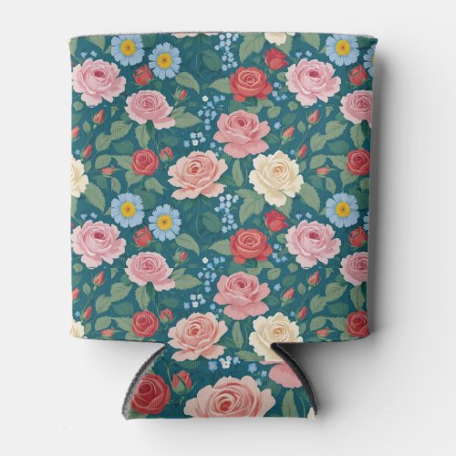 Roses and Forget_Me_Nots Teal Can Cooler