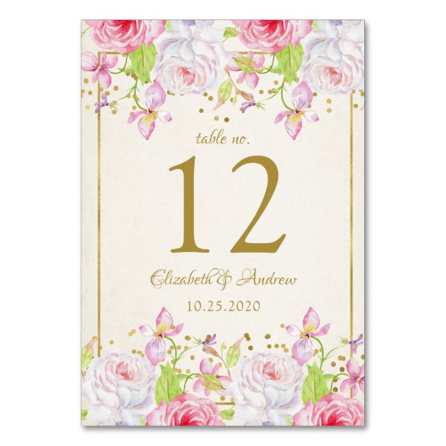 Roses and Gold Confetti Wedding Table Number (Front)