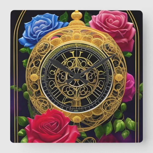 Roses and Gold Filigree Square Wall Clock