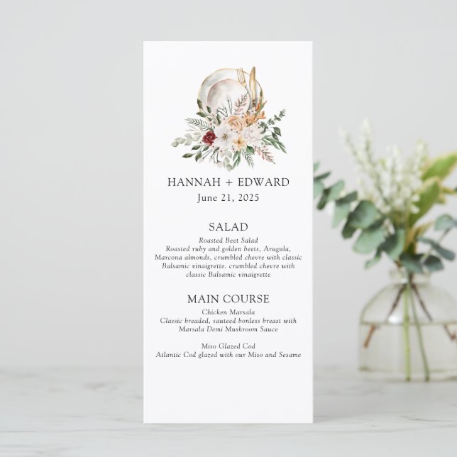 Roses and Greenery Simple Wedding Menu (Standing Front)