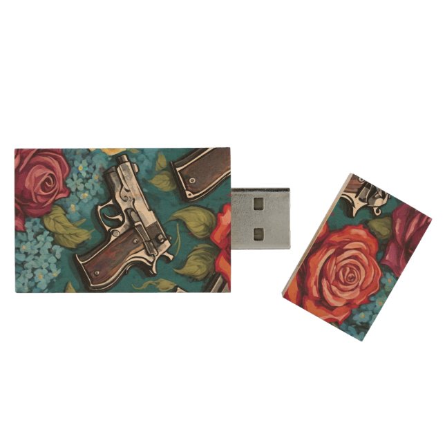 Roses and Guns Floral Wood Flash Drive (Opened)