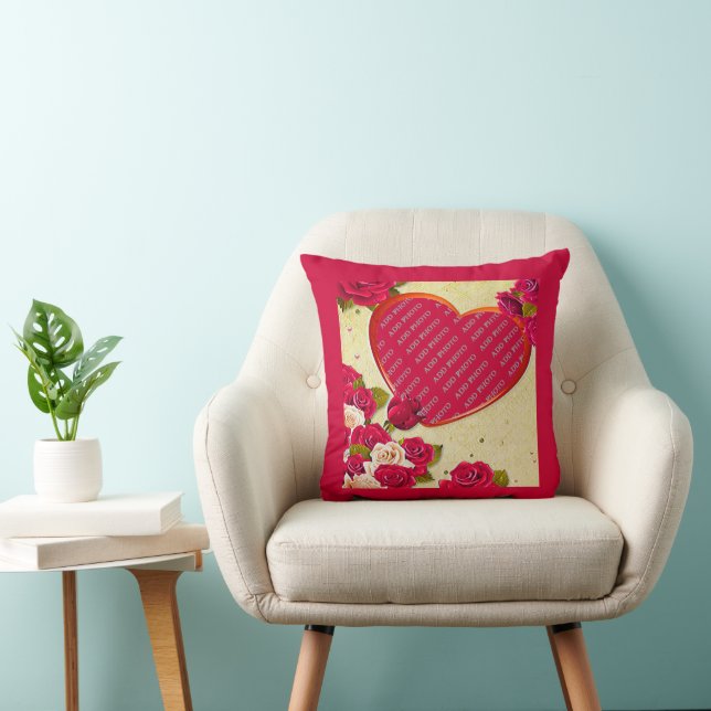 Roses and Heart Frame Add Photo Throw Pillow (Chair)