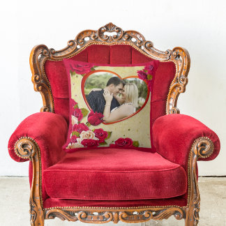 Roses and Heart Frame Custom Couple Family Photo Throw Pillow