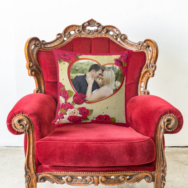 Roses and Heart Frame Custom Couple Family Photo Throw Pillow (Creator Uploaded)