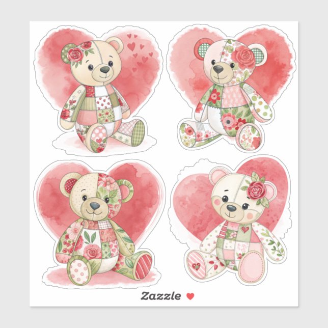 Roses and Hearts Patchwork Bears Stickers (Sheet)