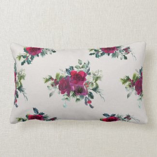 Roses and Holly on Dove Lumbar Pillow