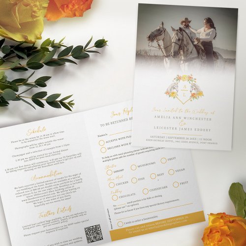 Roses and horses monogram wedding meal option RSVP Invitation