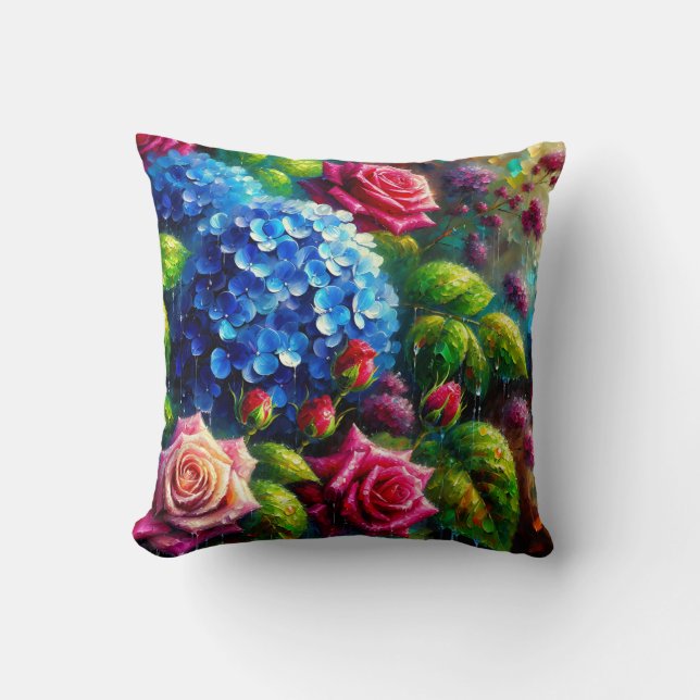 “Roses and Hydrangeas in Rain- Vibrant Floral Art" Throw Pillow (Front)