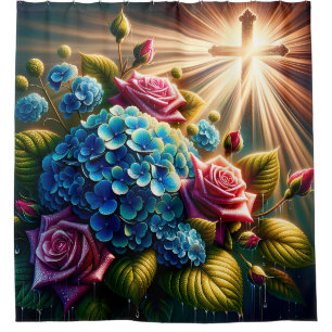 “Roses and Hydrangeas with Cross - Spiritual Art" Shower Curtain