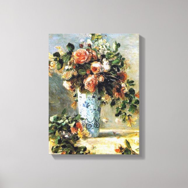 Roses and Jasmine in a Delft Vase Renoir Fine Art Canvas Print (Front)
