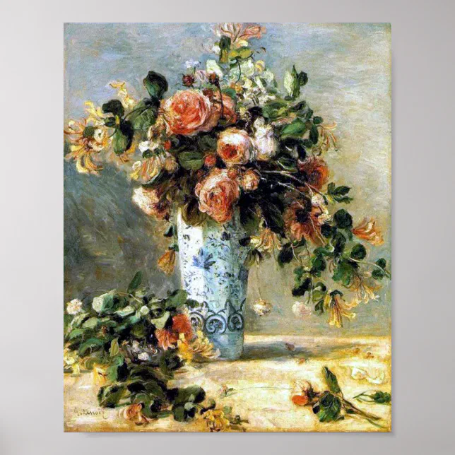 Roses and Jasmine in a Delft Vase Renoir Fine Art Poster Zazzle