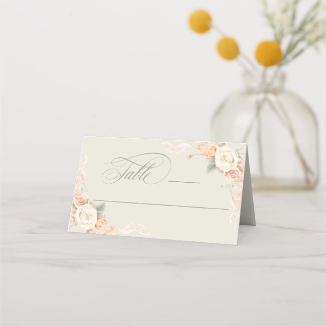 Roses and Lace Floral Wedding Place Card (Front)