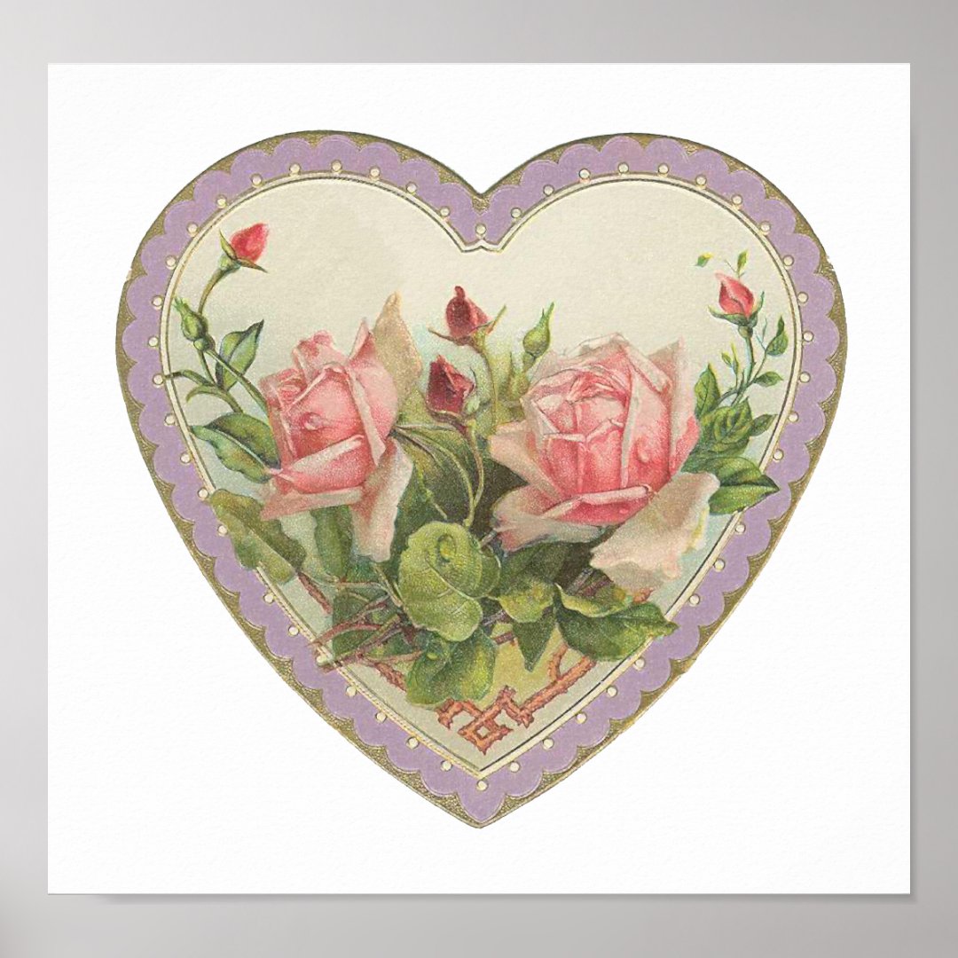 Roses And Lavender Vintage Valentine Heart Poster | Zazzle