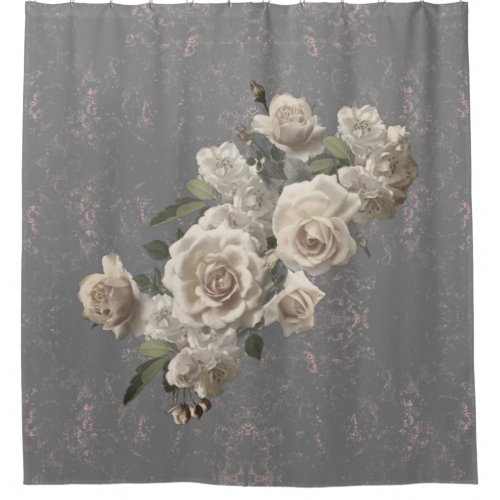 Roses and marble texture floral shower curtain