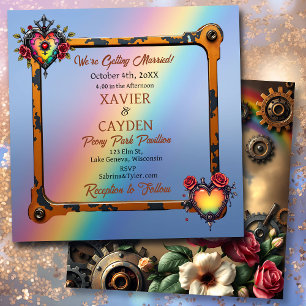 Roses and Metal LGBTQ Steampunk Wedding Invitation