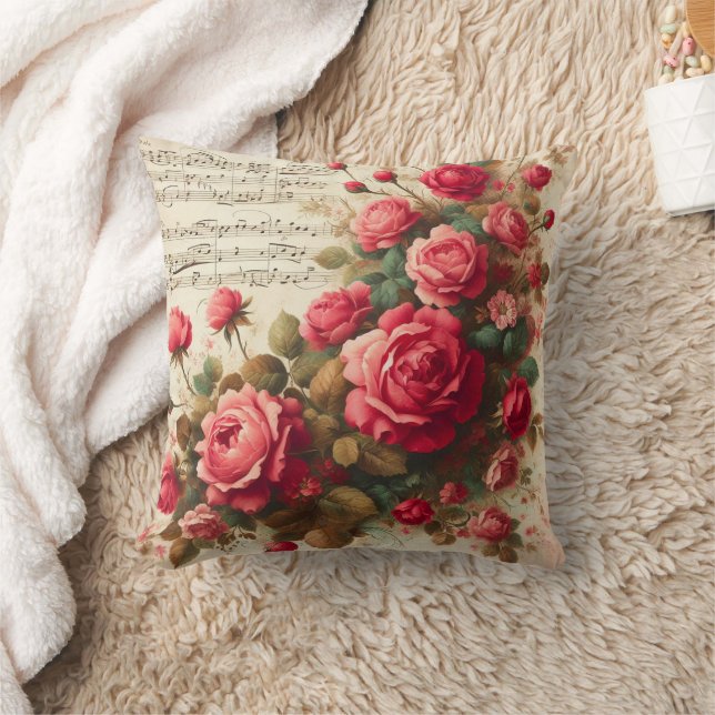 Roses and Music Notes Throw Pillow,  Throw Pillow (Blanket)