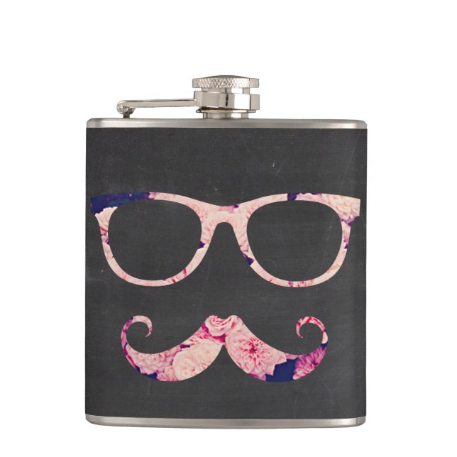 Roses and mustache hip flask (Front)