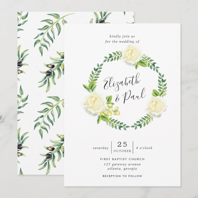 Roses and Olives Wedding Invitation (Front/Back)