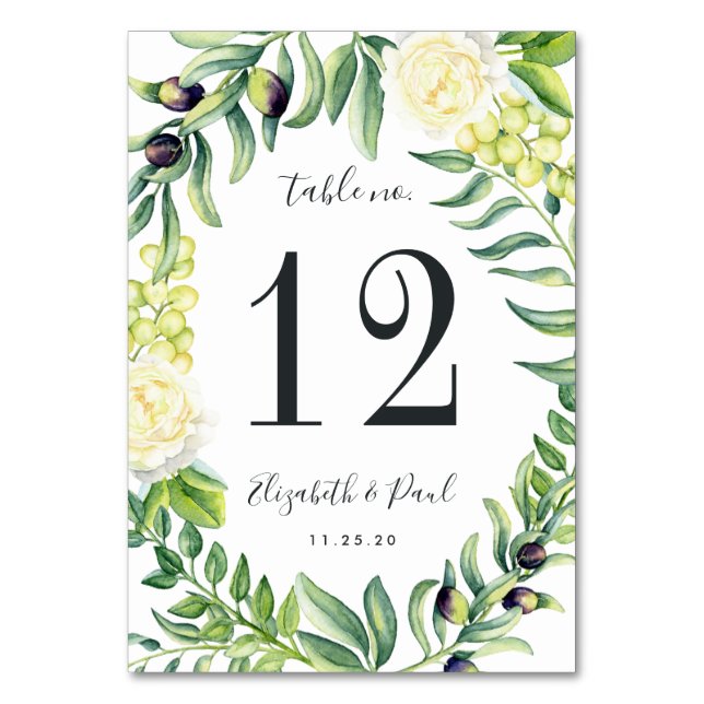 Roses and Olives Wedding Table Number (Front)