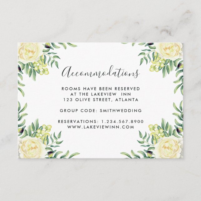 Roses and OlivesWedding  Accommodations Enclosure Card (Front)